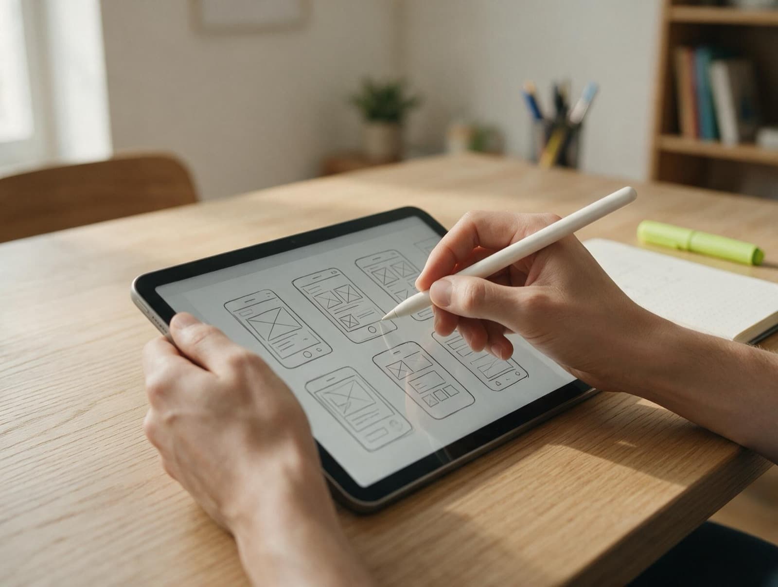 Designer sketching mobile app wireframes on a tablet