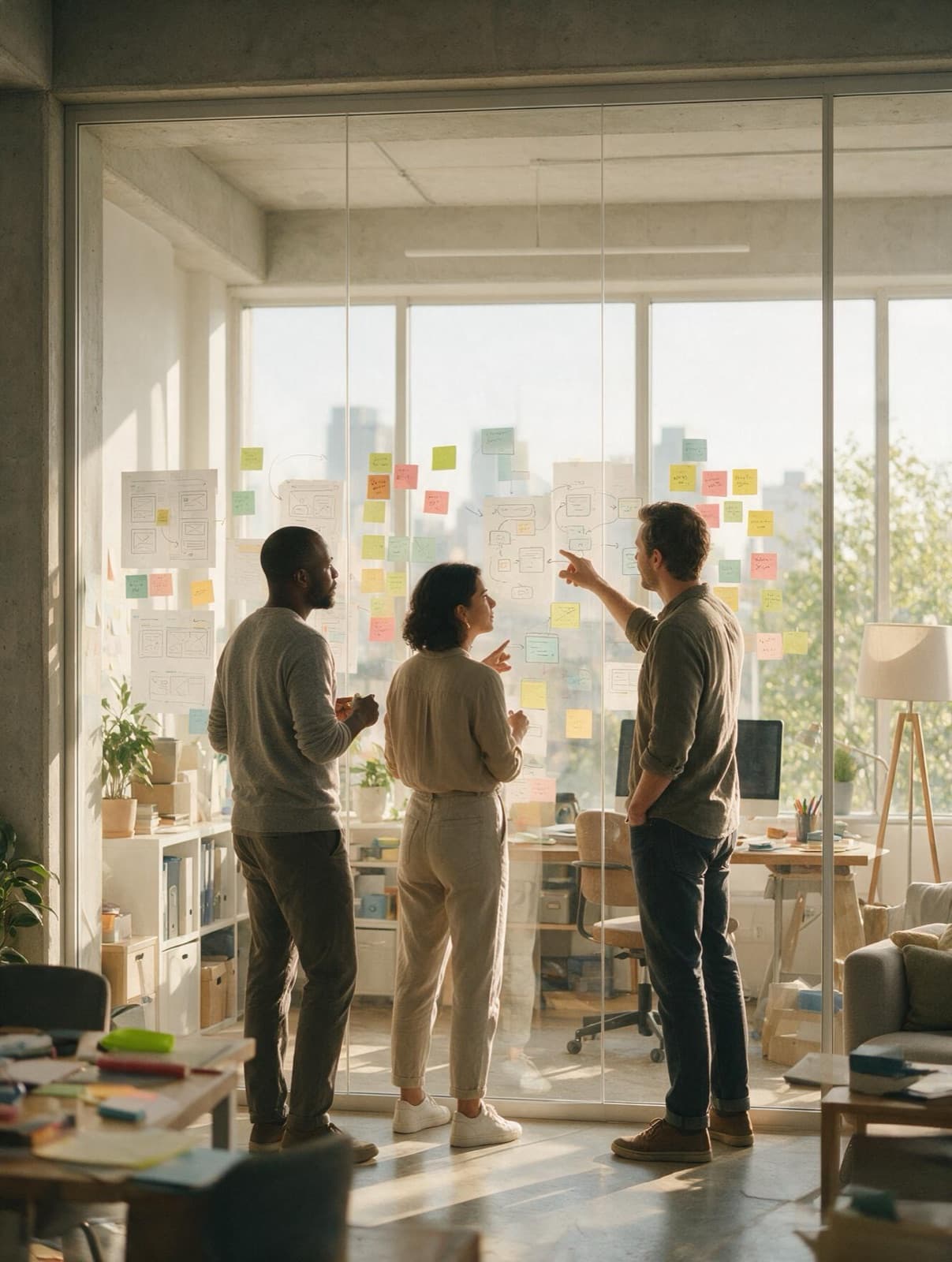 Dizmind designers mapping a user flow on a studio wall
